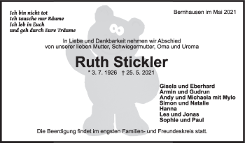 Traueranzeige von Ruth Stickler von Stuttgarter Zeitung / Stuttgarter Nachrichten