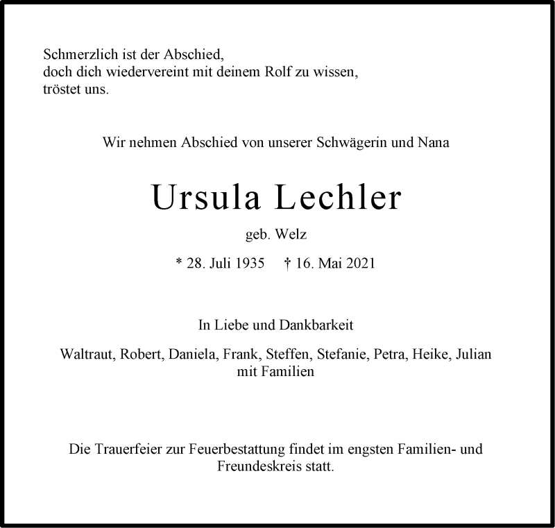  Traueranzeige für Ursula Lechler vom 21.05.2021 aus Stuttgarter Zeitung / Stuttgarter Nachrichten