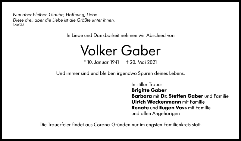  Traueranzeige für Volker Gaber vom 29.05.2021 aus Stuttgarter Zeitung / Stuttgarter Nachrichten