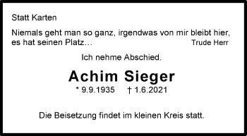 Traueranzeige von Achim Sieger von Stuttgarter Zeitung / Stuttgarter Nachrichten