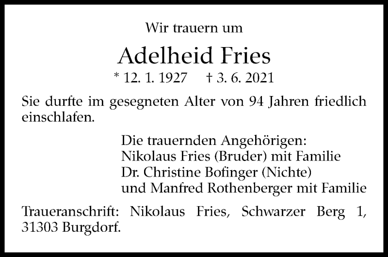  Traueranzeige für Adelheid Fries vom 26.06.2021 aus Stuttgarter Zeitung / Stuttgarter Nachrichten