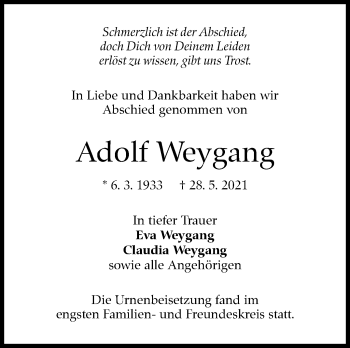 Traueranzeige von Adolf Weygang von Stuttgarter Zeitung / Stuttgarter Nachrichten
