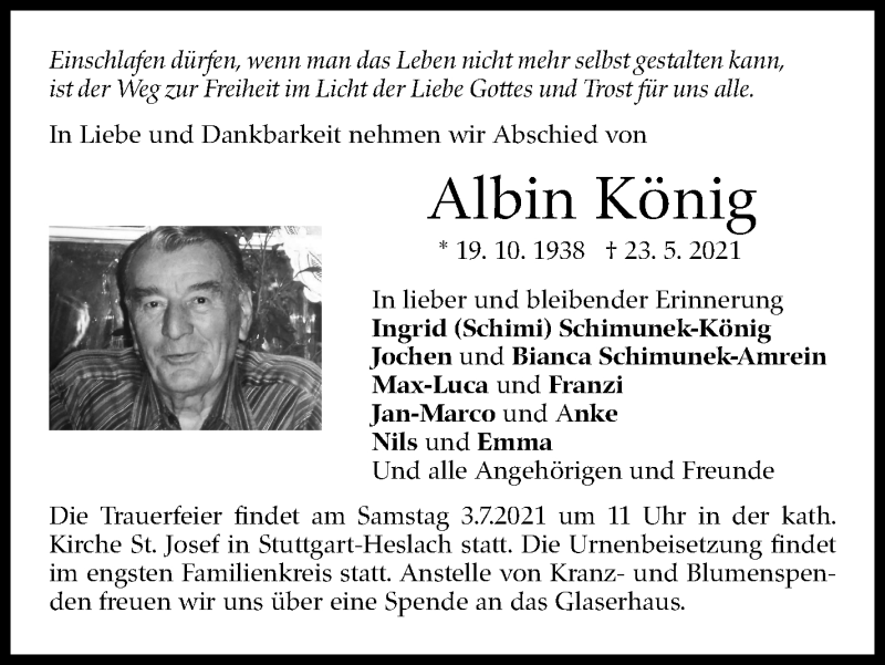  Traueranzeige für Albin König vom 19.06.2021 aus Stuttgarter Zeitung / Stuttgarter Nachrichten