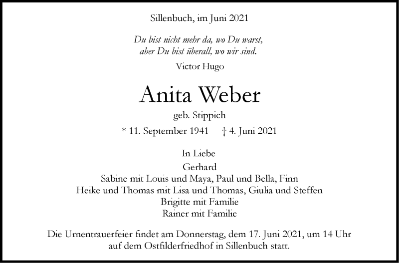  Traueranzeige für Anita Weber vom 10.06.2021 aus Stuttgarter Zeitung / Stuttgarter Nachrichten