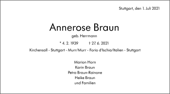 Traueranzeige von Annerose Braun von Stuttgarter Zeitung / Stuttgarter Nachrichten