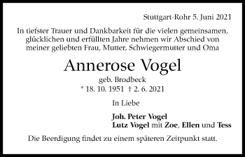 Traueranzeige von Annerose Vogel von Stuttgarter Zeitung / Stuttgarter Nachrichten