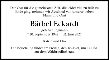 Traueranzeige von Bärbel Eckardt von Stuttgarter Zeitung / Stuttgarter Nachrichten