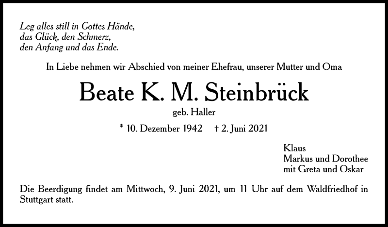  Traueranzeige für Beate K. M. Steinbrück vom 05.06.2021 aus Stuttgarter Zeitung / Stuttgarter Nachrichten