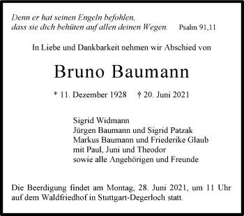 Traueranzeige von Bruno Baumann von Stuttgarter Zeitung / Stuttgarter Nachrichten