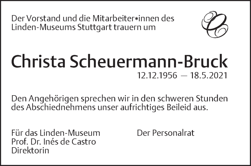  Traueranzeige für Christa Scheuermann-Bruck vom 11.06.2021 aus Stuttgarter Zeitung / Stuttgarter Nachrichten