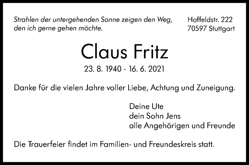  Traueranzeige für Claus Fritz vom 25.06.2021 aus Stuttgarter Zeitung / Stuttgarter Nachrichten