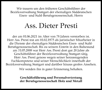 Traueranzeige von Dieter Presti von Stuttgarter Zeitung / Stuttgarter Nachrichten