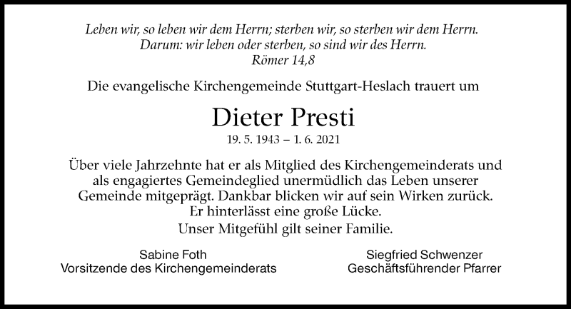 Traueranzeige für Dieter Presti vom 05.06.2021 aus Stuttgarter Zeitung / Stuttgarter Nachrichten