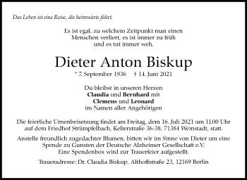 Traueranzeige von Dieter Anton Biskup von Stuttgarter Zeitung / Stuttgarter Nachrichten
