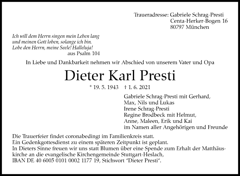 Traueranzeige für Dieter Karl Presti vom 05.06.2021 aus Stuttgarter Zeitung / Stuttgarter Nachrichten