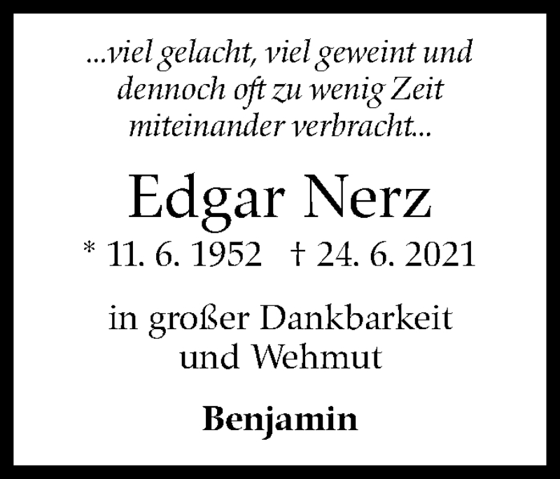  Traueranzeige für Edgar Nerz vom 28.06.2021 aus Stuttgarter Zeitung / Stuttgarter Nachrichten
