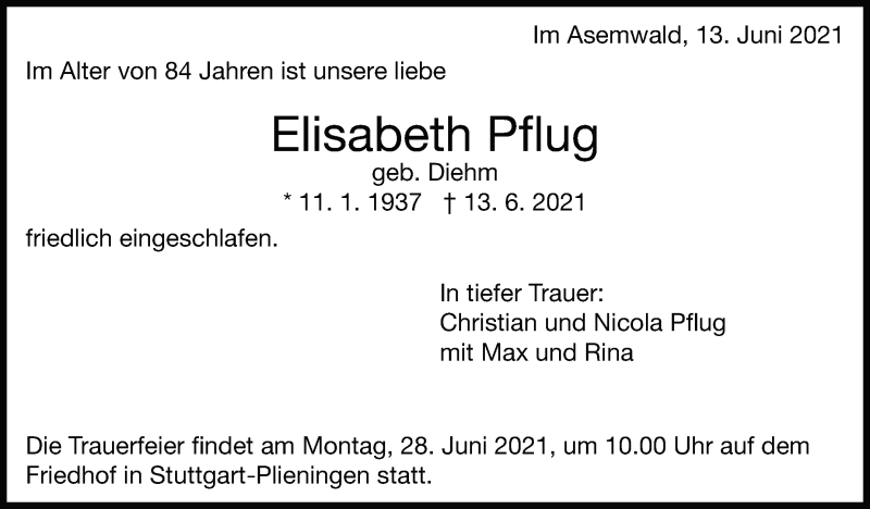  Traueranzeige für Elisabeth Pflug vom 23.06.2021 aus Stuttgarter Zeitung / Stuttgarter Nachrichten