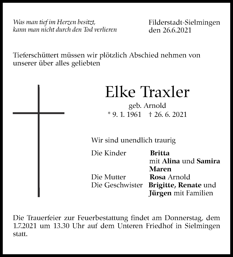  Traueranzeige für Elke Traxler vom 29.06.2021 aus Stuttgarter Zeitung / Stuttgarter Nachrichten