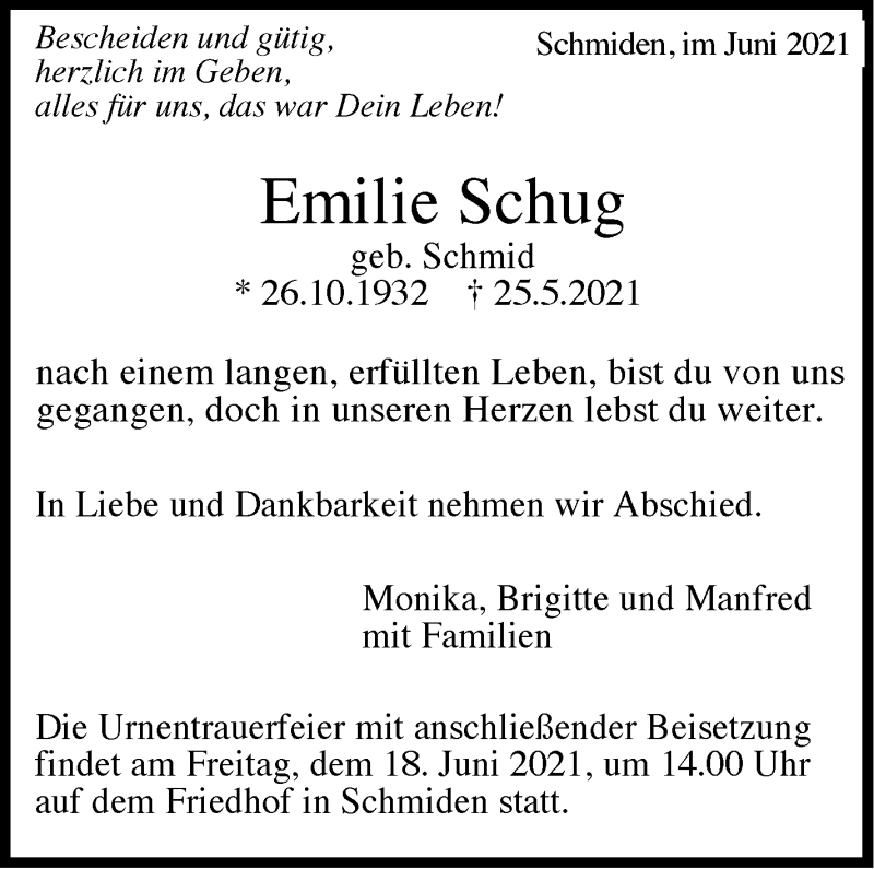  Traueranzeige für Emilie Schug vom 14.06.2021 aus Stuttgarter Zeitung / Stuttgarter Nachrichten