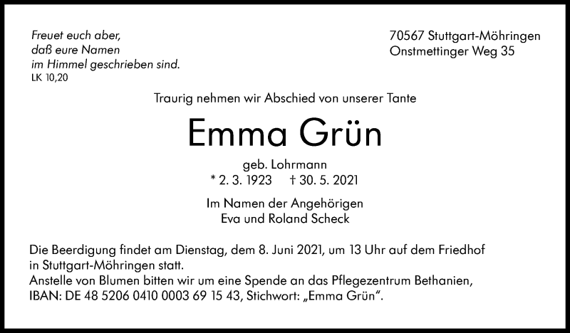  Traueranzeige für Emma Grün vom 04.06.2021 aus Stuttgarter Zeitung / Stuttgarter Nachrichten