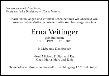Traueranzeige von Erna Veitinger von Stuttgarter Zeitung / Stuttgarter Nachrichten