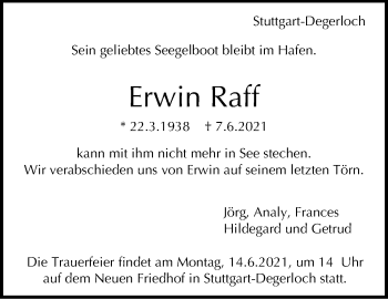 Traueranzeige von Erwin Raff von Stuttgarter Zeitung / Stuttgarter Nachrichten