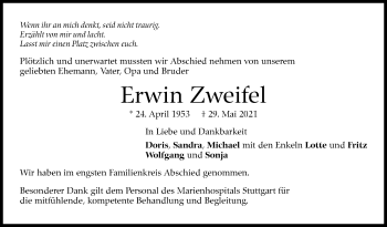 Traueranzeige von Erwin Zweifel von Stuttgarter Zeitung / Stuttgarter Nachrichten
