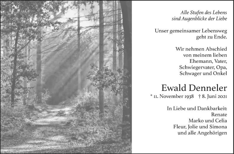  Traueranzeige für Ewald Denneler vom 19.06.2021 aus Stuttgarter Zeitung / Stuttgarter Nachrichten