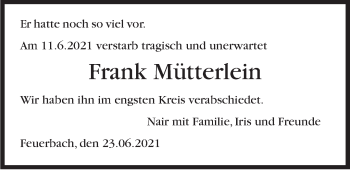 Traueranzeige von Frank Mütterlein von Stuttgarter Zeitung / Stuttgarter Nachrichten