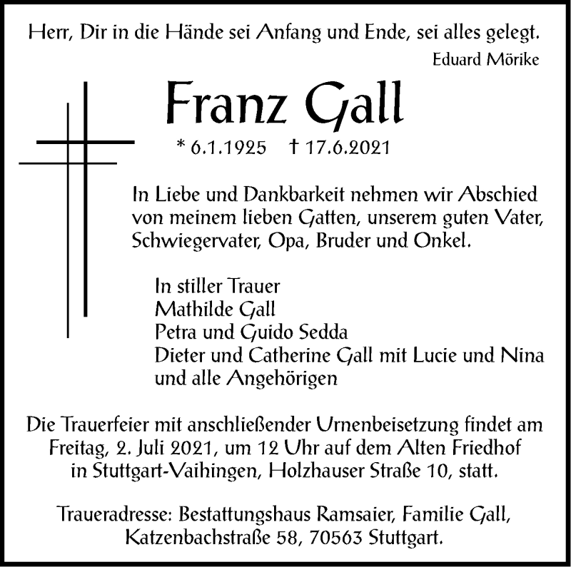  Traueranzeige für Franz Gall vom 26.06.2021 aus Stuttgarter Zeitung / Stuttgarter Nachrichten