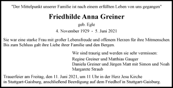 Traueranzeige von Friedhilde Anna Greiner von Stuttgarter Zeitung / Stuttgarter Nachrichten