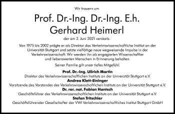 Traueranzeige von Gerhard Heimerl von Stuttgarter Zeitung / Stuttgarter Nachrichten