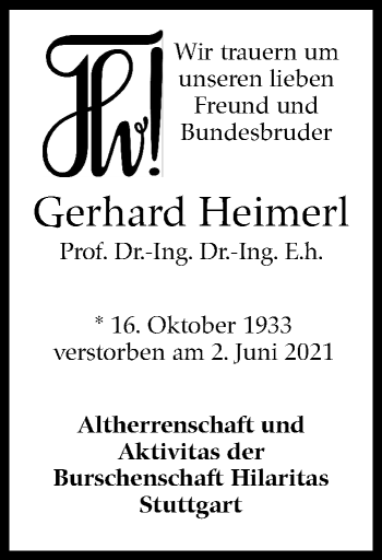 Traueranzeige von Gerhard Heimerl von Stuttgarter Zeitung / Stuttgarter Nachrichten