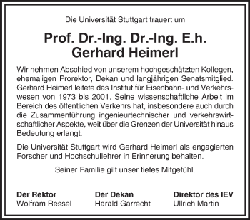 Traueranzeige von Gerhard Heimerl von Stuttgarter Zeitung / Stuttgarter Nachrichten