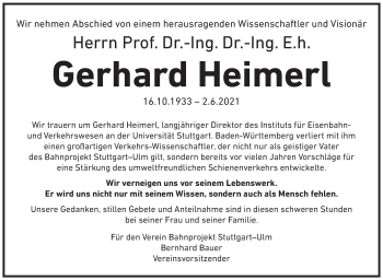 Traueranzeige von Gerhard Heimerl von Stuttgarter Zeitung / Stuttgarter Nachrichten