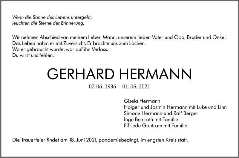  Traueranzeige für Gerhard Hermann vom 05.06.2021 aus Stuttgarter Zeitung / Stuttgarter Nachrichten
