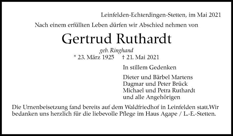  Traueranzeige für Gertrud Ruthardt vom 12.06.2021 aus Stuttgarter Zeitung / Stuttgarter Nachrichten