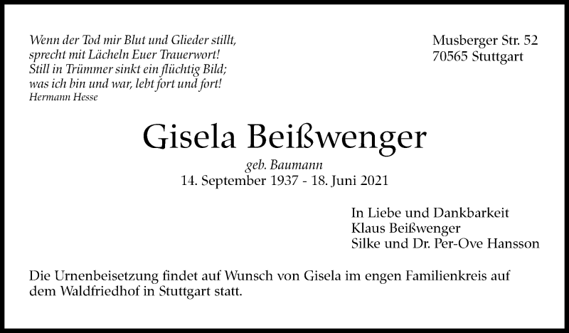  Traueranzeige für Gisela Beißwenger vom 26.06.2021 aus Stuttgarter Zeitung / Stuttgarter Nachrichten