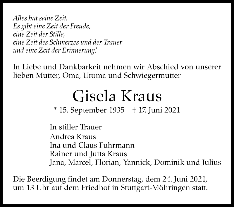  Traueranzeige für Gisela Kraus vom 21.06.2021 aus Stuttgarter Zeitung / Stuttgarter Nachrichten