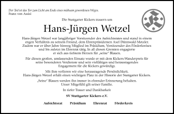 Traueranzeige von Hans-Jürgen Wetzel von Stuttgarter Zeitung / Stuttgarter Nachrichten