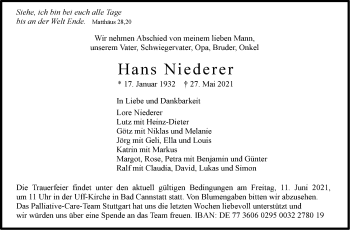 Traueranzeige von Hans Niederer von Stuttgarter Zeitung / Stuttgarter Nachrichten