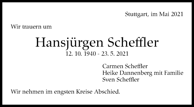  Traueranzeige für Hansjürgen Scheffler vom 01.06.2021 aus Stuttgarter Zeitung / Stuttgarter Nachrichten