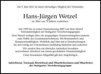 Traueranzeige von Hans Jürgen Wetzel von Stuttgarter Zeitung / Stuttgarter Nachrichten