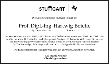 Traueranzeige von Hartwig Beiche von Stuttgarter Zeitung / Stuttgarter Nachrichten