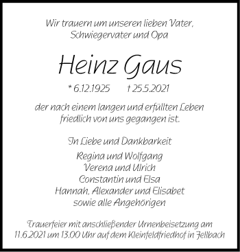 Traueranzeige von Heinz Gaus von Stuttgarter Zeitung / Stuttgarter Nachrichten