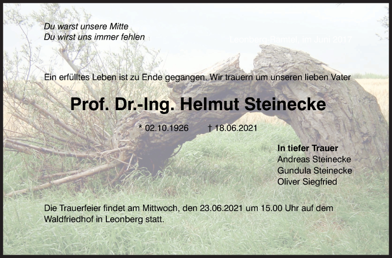  Traueranzeige für Helmut Steinecke vom 19.06.2021 aus Stuttgarter Zeitung / Stuttgarter Nachrichten