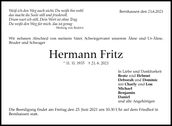 Traueranzeige von Hermann Fritz von Stuttgarter Zeitung / Stuttgarter Nachrichten