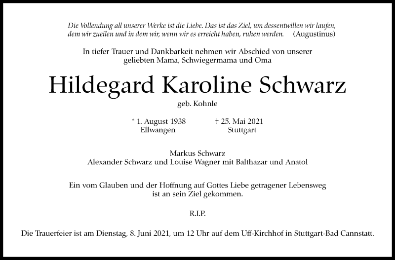  Traueranzeige für Hildegard Karoline Schwarz vom 04.06.2021 aus Stuttgarter Zeitung / Stuttgarter Nachrichten