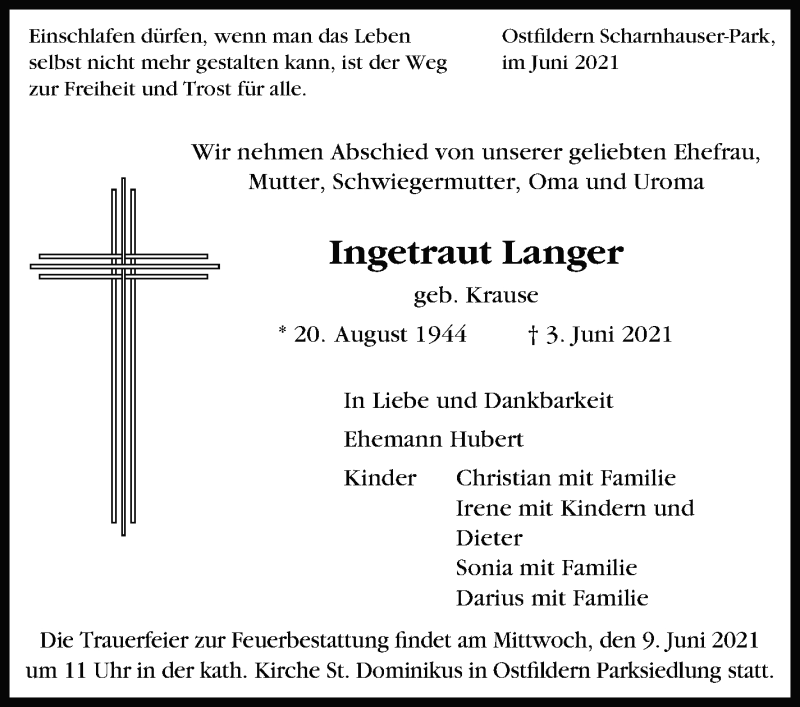  Traueranzeige für Ingetraut Langer vom 08.06.2021 aus Stuttgarter Zeitung / Stuttgarter Nachrichten