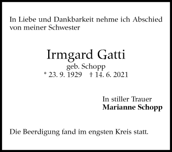 Traueranzeige von Irmgard Gatti von Stuttgarter Zeitung / Stuttgarter Nachrichten